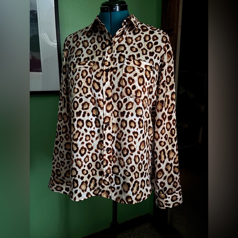 Jones New York Leopard Print Button-Up Blouse in Brown and Cream